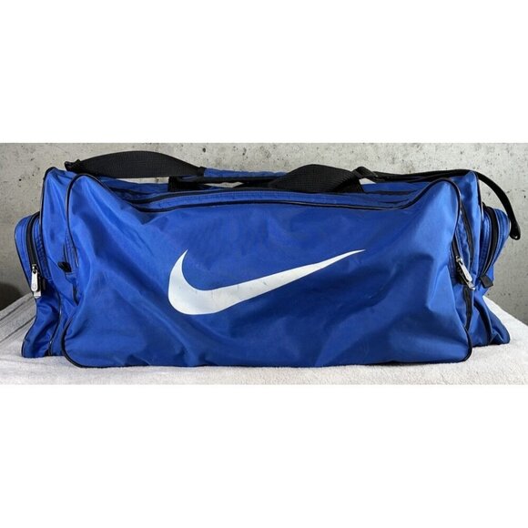 Vintage XL 90s Blue Nike Travel Duffle Gym Bag Embroidered Swoosh Logo Nylon